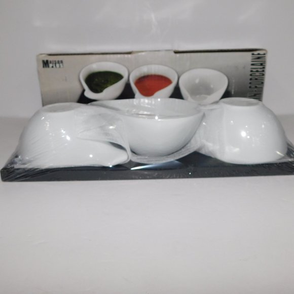 Maison Plus Set 3 Ceramic Dipping Dishes with Wooden Base NEW - box has wear - Picture 6 of 7